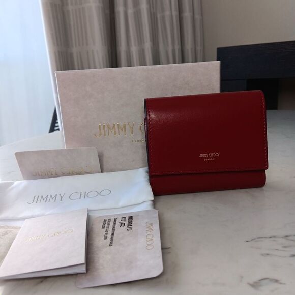Jimmy Choo MARINDA Dark Red Leather Wallet Trifold Full Set - Picture 1 of 11